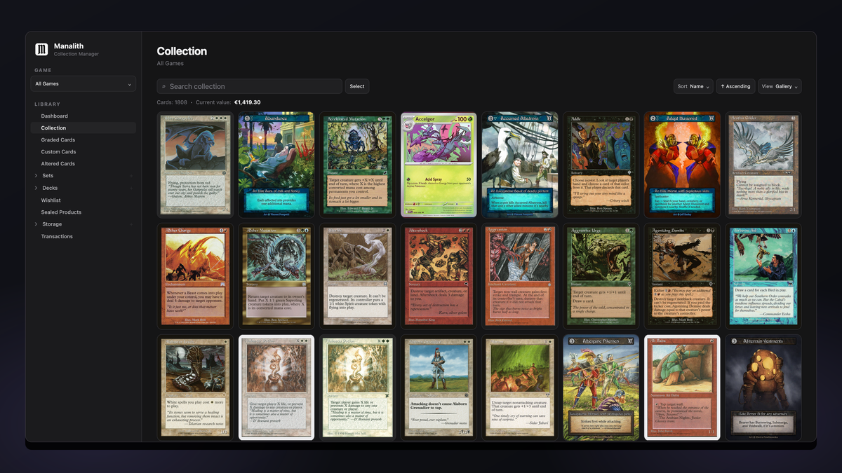 Manalith collection gallery showing cards from multiple games in the Classic dark theme.