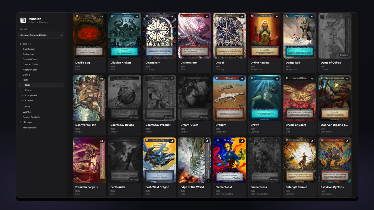 Sorcery set gallery showing owned cards in colour and missing cards greyed out.